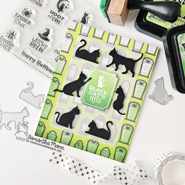 Halloween Black Cat Card by Samantha Mann | Halloween Apothecary Stamp Set, Labels Hot Foil Plates and Dies and Cat Silhouettes Die Set by Newton's Nook Designs