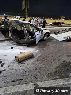 مصرع 4 أشخاص إثر إصطدام  سيارتهم الملاكي بحاجز خرساني على طريق السويس بسبب السرعة الزائدة