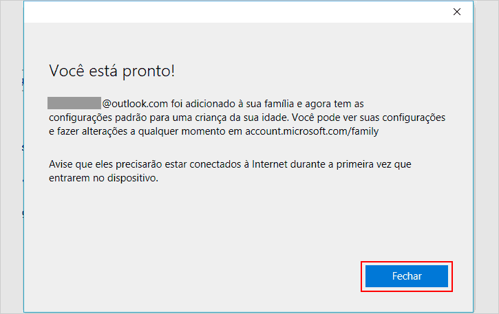 Convite do Microsoft Family enviado para conta do seu filho