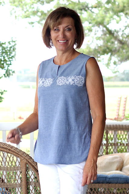 McCall's 7600 top made from Mood Fabrics' chambray and Etsy embroidery design