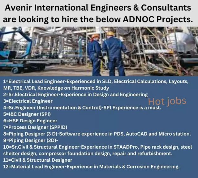 Avenir International Engineers & Consultants are looking to hire the below ADNOC Projects.
