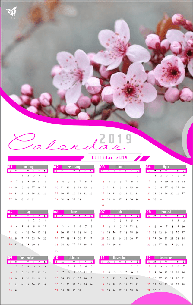 004 Calendar 2019 Printable | Template Design AI Vector cdr | sakura Flower