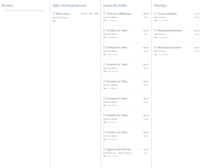 Übersicht über die Aktivitäten in Zoho CRM, erinnert an ein Kanban-Board