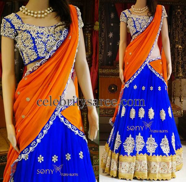 Royal Blue Pearls Half Saree