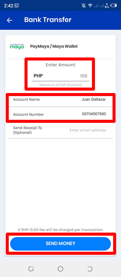 enter amount maya account name and number