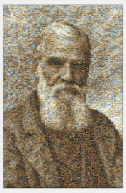 A portrait of the painter Richard Ansdell (1815-1885) by Russell Payne composed entirely of sections of his own paintings. 