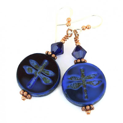 handmade dark blue dragonfly earrings with swarovski crystals