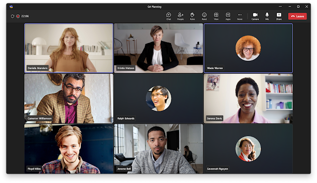 Screenshot of a Microsoft Teams meeting interface showing nine participants in a gallery view. The main window features a large video feed of a woman, with smaller video feeds and profile pictures of eight other participants arranged around her. Some participants are shown in live video, while others are represented by static profile images. The interface includes icons for chat, people, raise hand, view, apps, more options, camera, microphone, share, and leave. The meeting is labeled 'Q4 Planning' and displays the current time as 22:06.