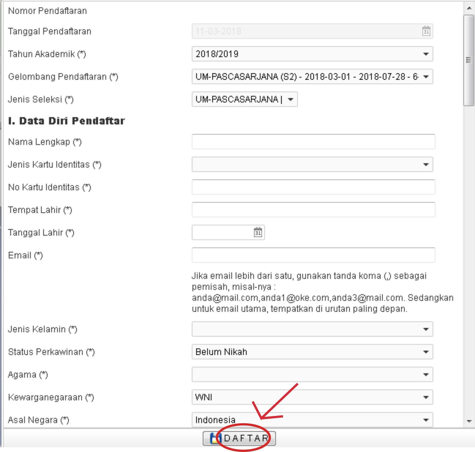 Apabila menu formulir pendaftaran berhasil diklik maka kalian akan diarahkan ke sistem untuk mengisi formulir pendaftaran seperti gambar di bawah ini