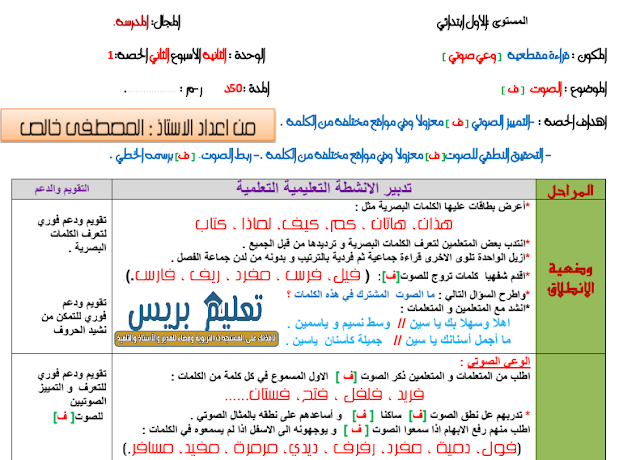 جذاذات الأسبوع الثاني الوحدة الثانية كتابي في اللغة العربية للمستوى الأول ابتدائي