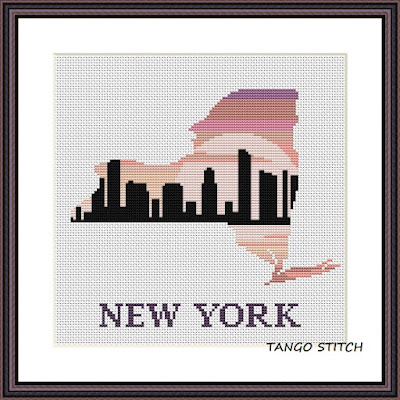 New York state map silhouette sunset cross stitch pattern - Tango Stitch