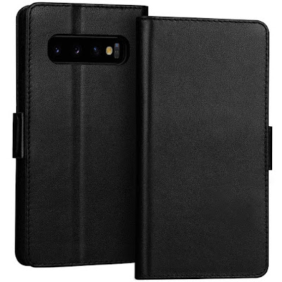  FYY Luxury [Cowhide Genuine Leather][RFID Blocking] Handcrafted Wallet Case for Galaxy S10+ Plus 6.4", Handmade Flip Folio Case with [Kickstand Function] and [Card Slots] for Galaxy S10+ Plus Black