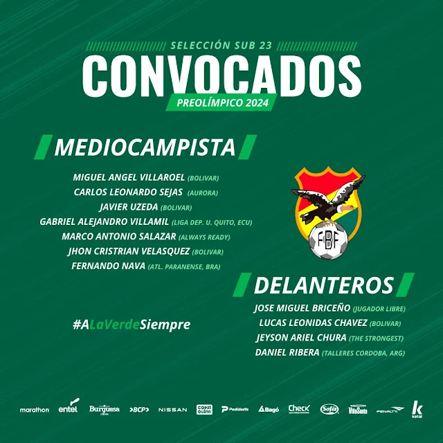 Convocatoria oficial para el Preolimpico de la Selección Bolivia Sub 23
