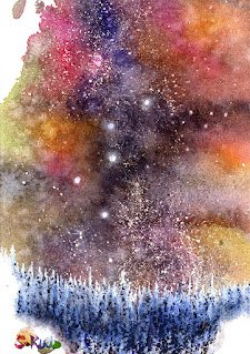 3日目の創造-カシオペア2 雪の針葉樹林とカシオペア座の水彩画