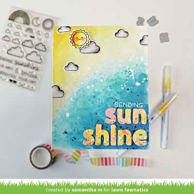 Sending Sunshine Card by Samantha M for Lawn Fawnatics Challenge, Lawn Fawn, Watercolor, Inspired By, die cuts, card making, handmade cards, #lawnfawnatics #lawnfawn #watercolor #mixedmedia #cardmaking #handmadecards #diecuts