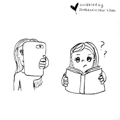 Head Stuck in Phone Cartoon vs Girl with Head in Book Cartoon