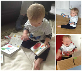 collage. Baby with book. baby hitting slit drum with sticks. Baby holding toy car.