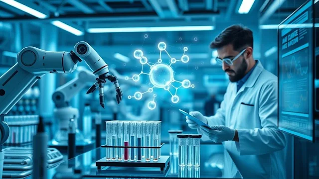 Illustration depicting generative AI streamlining the drug discovery process in pharmaceutical research.