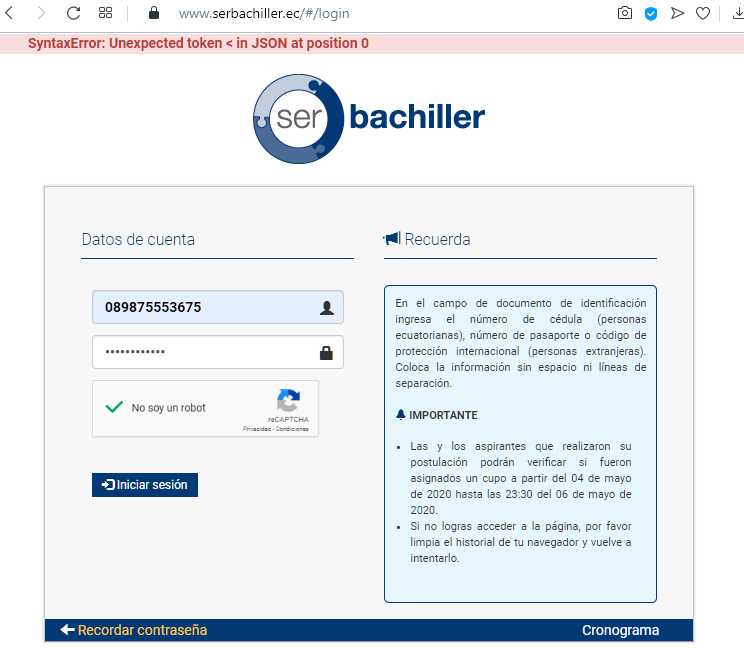 www.serbachiller.ec Asignación de cupos ser bachiller 2020 Mesaje de Error