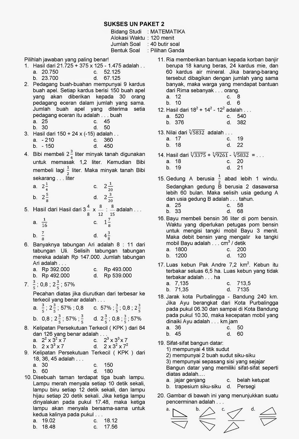 64 Latihan Soal UN Matematika Kelas 6 SD TA 2013 2014 Kumpulan