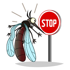 Cartoon mosquito looking at stop sign