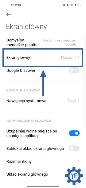 Zakładka ekran główny w ustawieniach telefonu Xiaomi