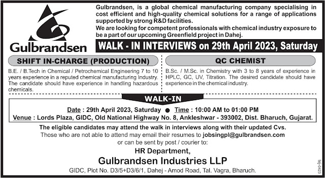 Gulbrandsen Industries LLP Walk in Interview For Shift In Charge Production and Quality Control Chemist