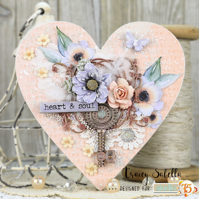 "Heart & Soul" Mixed Media Heart by Tracey Sabella for Studio75: #traceysabealla #studio75 #littlebirdiecrafts #littlebirdieonline #acmoore #finnabair #finnabairproducts #primamarketing #timholtz #rangerink #stampendous #helmar #prills #scrapbookadhesivesby3l #mixedmedia #mixedmediaart #shabbymixedmedia #shabbychic #shabbychicart #heart #diyheart #homedecor #diyhomedecor #diymixedmedia #diyart 