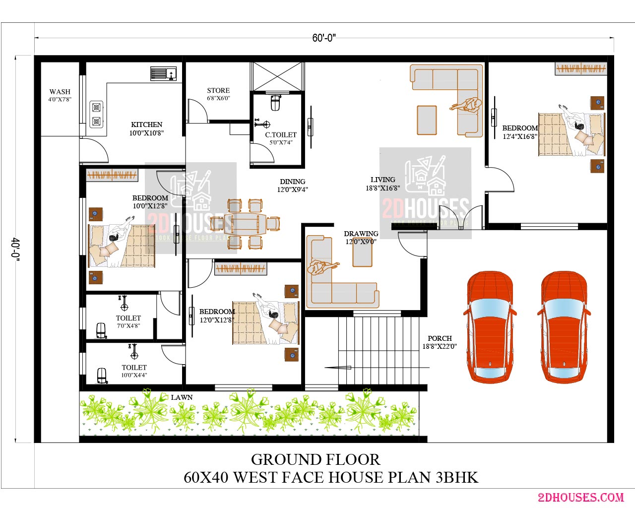 60x40 house plans pdf west facing with 3 room
