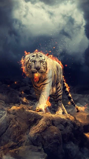 Fantasy Siberian Fire Tiger Mobile Wallpaper. Size: 360x640.