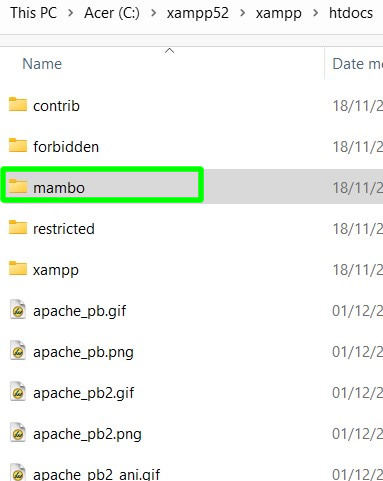 copying and pasting the mambo installation folder inside xampp htdocs