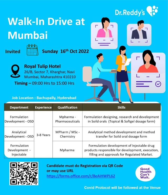 Dr.Reddy's Laboratories | Walk-in interview at Mumbai for Formulation & Analytical Development on 16th October 2022