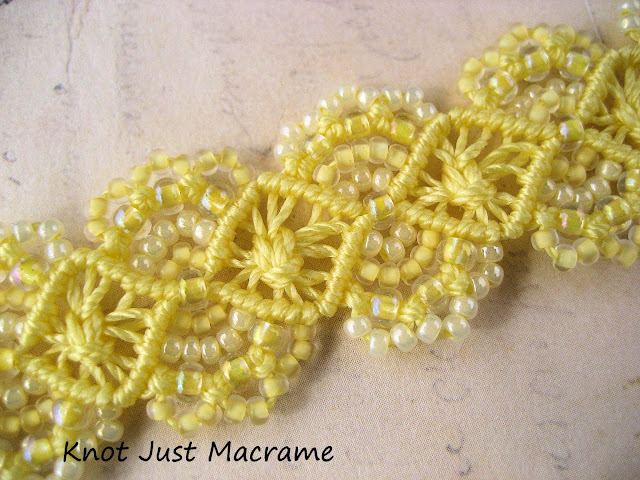Close up of beaded micro macrame bracelet in spring yellow by Sherri Stokey of Knot Just Macrame