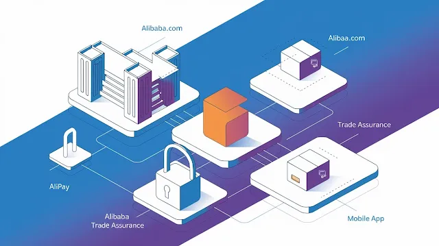 Visual representation of the Alibaba ecosystem, including Alibaba.com, Alipay, Trade Assurance, and the mobile app for seamless business transactions.