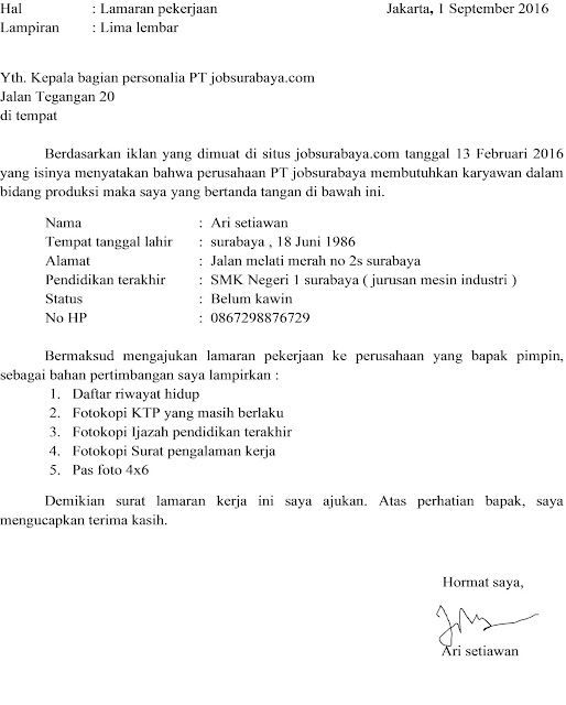 Contoh dan cara membuat surat lamaran pekerjaan 