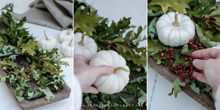 Learn to layer pieces of nature gathered outdoors to create a simple yet stylish centerpiece for your fall or Thanksgiving dinner table.  |  www.andersonandgrant.com