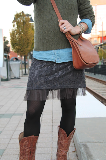 Ralph Lauren Sweater from summerbird, Skirt from The Boulevard at South End, Forever 21 Shirt, Coach Bag, J. Crew Necklace, tights, bracelet, Charlie 1 Horse boots, Blinde Sunglasses, JewelMint Earrings