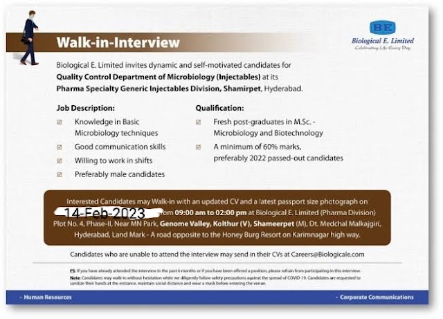 Biological E | Walk-in interview for MSc (Microbiology) Freshers at Hyderabad on 14th February 2023