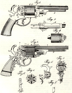 Starr’s first produced revolver was .36 caliber of hybrid double-andsingle action. Barrel frame detail of curved section near hinge is immediate distinction between largeframed .36 and ,44’s which were introduced soon after. Fouling was reduced by cylinder pin integral at front with cylinder itself.