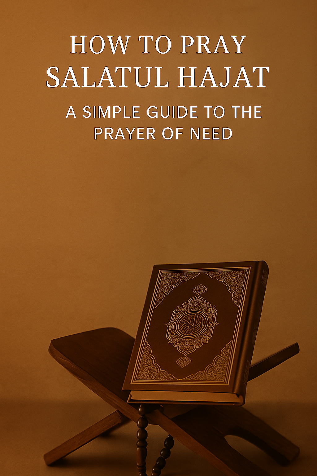 An image featuring a Quran placed on a wooden stand with prayer beads, accompanied by the title 'How to Pray Salatul Hajat – A Simple Guide to the Prayer of Need' in white text over a warm brown background.