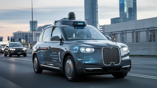 A photo of a self-driving taxi with a sleek design and a futuristic interface. The taxi is on a road with a few cars.