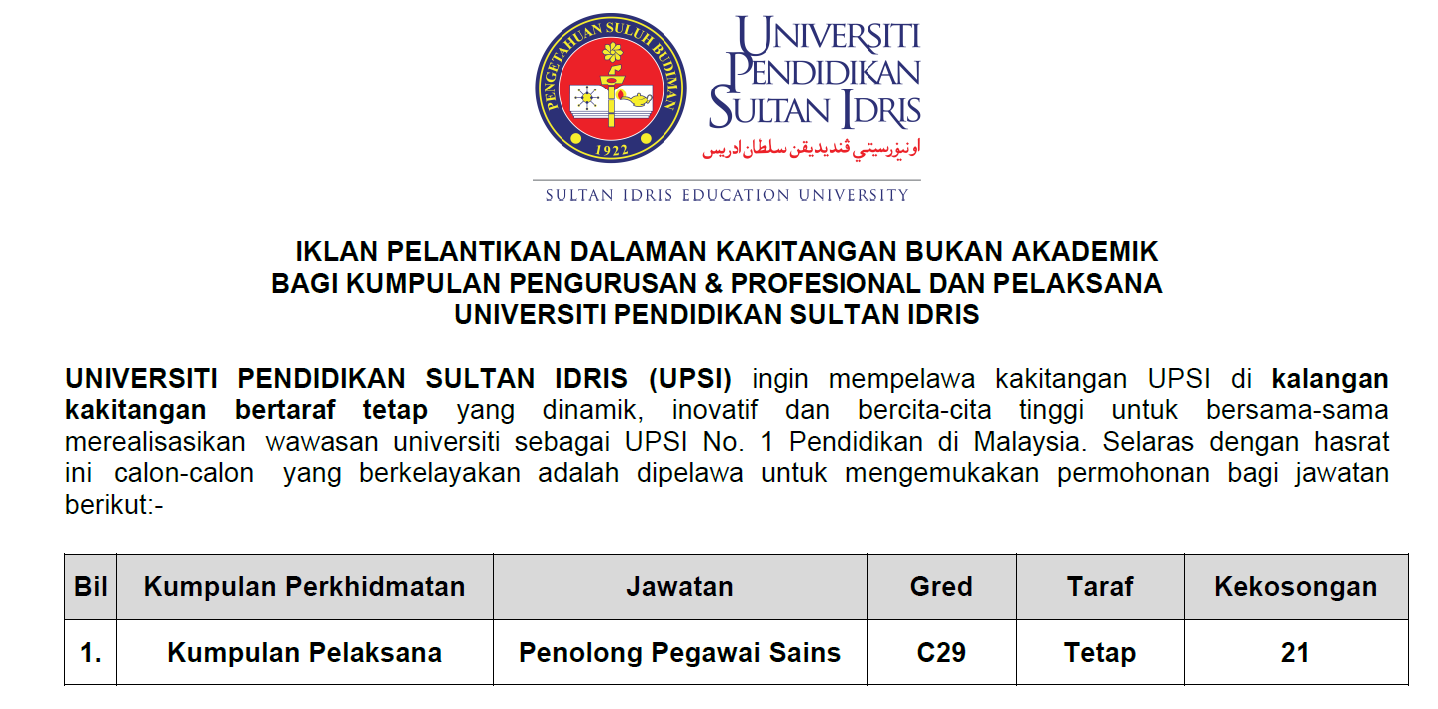 Jawatan Kosong Di Universiti Pendidikan Sultan Idris Upsi Appjawatan Malaysia