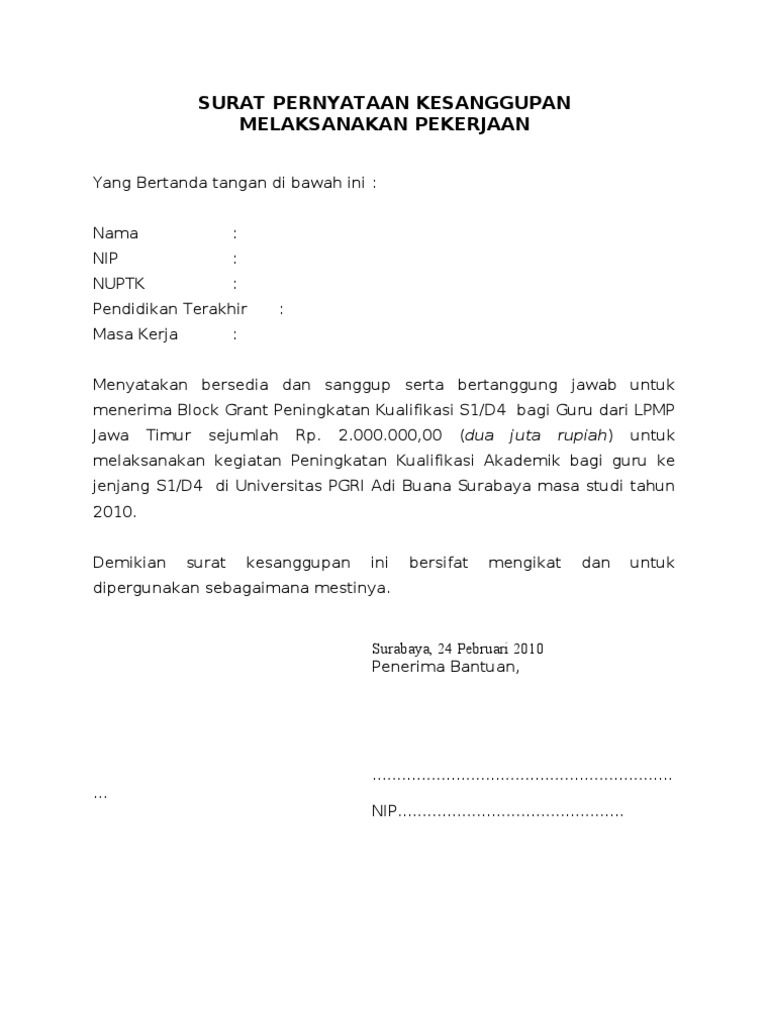  ialah sebuah surat mengenai kesanggupan seorang karyawan untuk bekerja dalam kondisi ter 10 Macam Contoh Surat Pernyataan Kerja Terlengkap