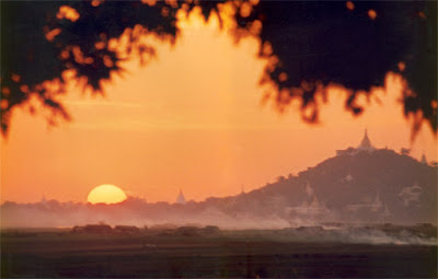 The Sagaing side of the Irrawaddy with pagodas and sunset