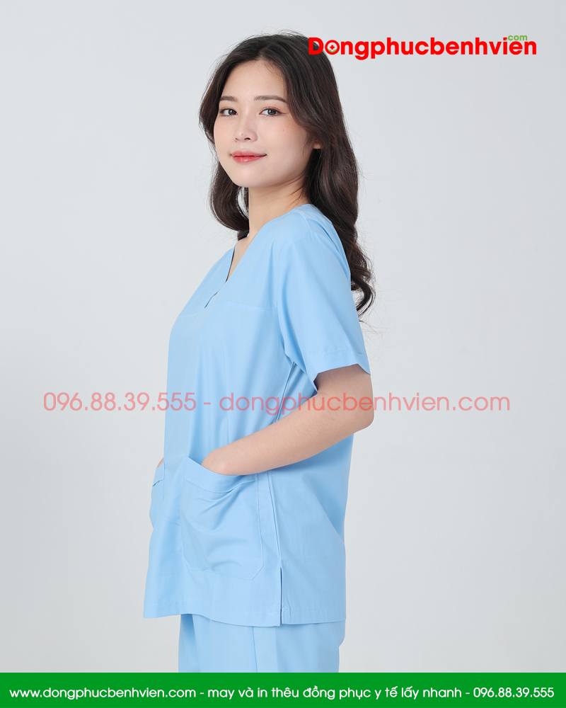 Bộ scrubs cổ tim nữ màu xanh da trời cao cấp