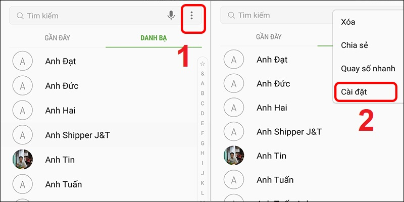 Mở ứng dụng Điện thoại và chọn Cài đặt