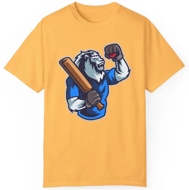 Garment Dyed Personalized Cricket T-Shirt With illustration of Giant Lion Cartoon Holding Cricket Bat and Ball