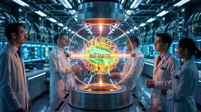 A photograph of a futuristic research laboratory showcasing a glowing, swirling core of golden energy labeled "Infinite". The energy core, contained within a transparent spherical reactor, pulses with rhythmic light, casting intricate patterns on the surrounding metallic walls of the lab. Scientists in pristine white lab coats observe the core with focused expressions, illuminated by the reactor's otherworldly glow against a backdrop of complex machinery and digital readouts. The scene is bathed in a cool, ethereal blue light, suggesting a monumental scientific breakthrough.