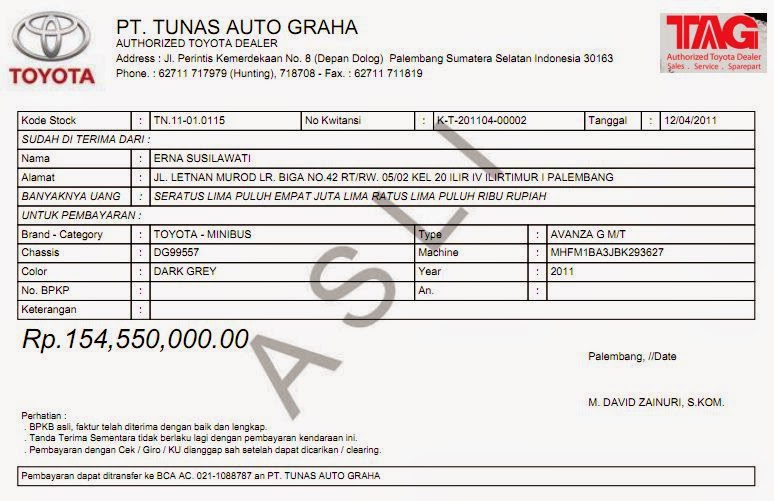 Contoh Faktur Toyota - Simak Gambar Berikut