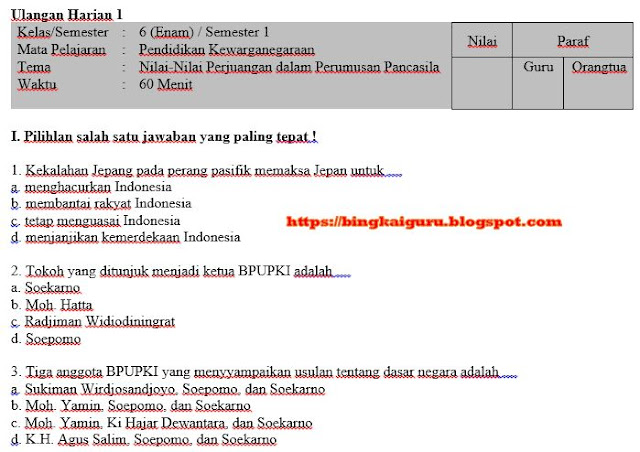 Soal dan Kunci Jawaban Ulangan Harian 1 PKn Kelas 6 SD Semester 1 Tema Nilai-Nilai Perjuangan dalam Perumusan Pancasila, https://bingkaiguru.blogspot.com